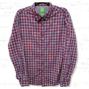Hugo Boss Green Label Slim Fit Blue Red Plaid Button Down Shirt Euro Size XL